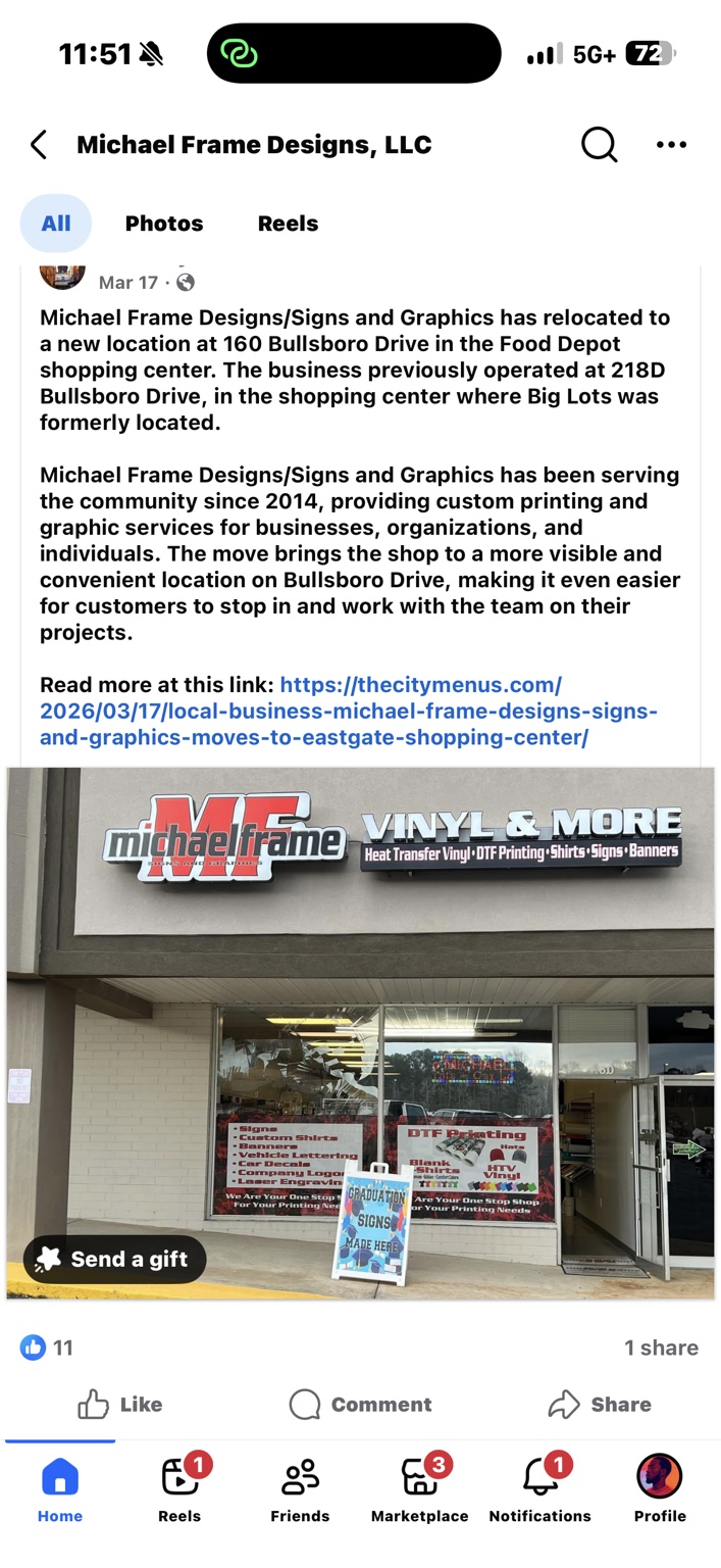 Michael Frame Designs storefront at 160 Bullsboro Drive in Newnan